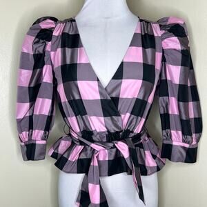 Zara Top XS Black Pink Taffeta Windowpane Plaid Faux Wrap Belted Puff Sleeve New